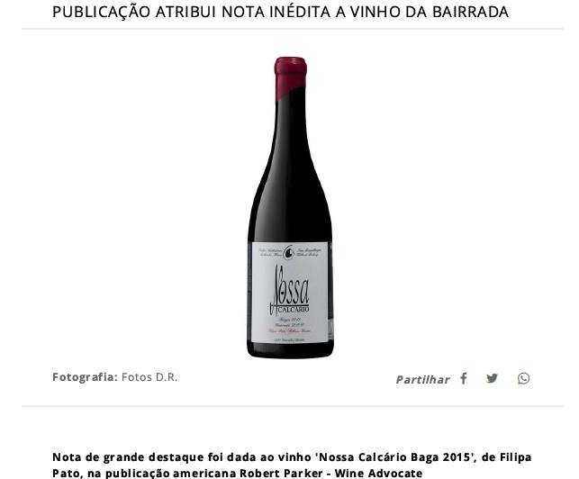 High rating for ´Minha Calcário Baga 2015´ by Robert Parker - Wine Advocate