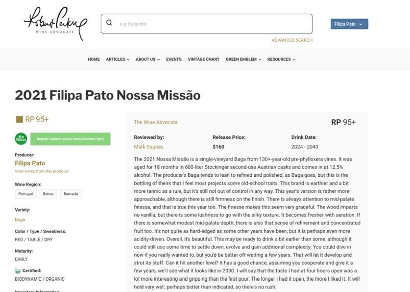 Nota elevada a ´Nossa Missão 2021´ por Robert Parker - Wine Advocate